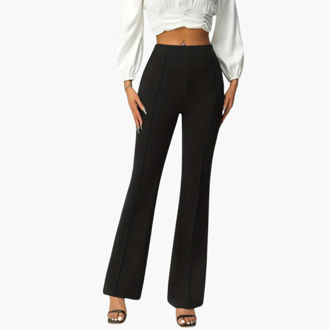 Elegant flared pants for women, black stretch fabric with a high-waisted silhouette.