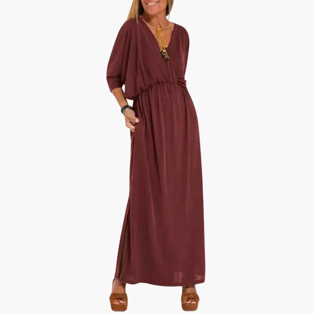 Women's V-neck dress, maroon maxi with 3/4 sleeves, elastic waist and pockets