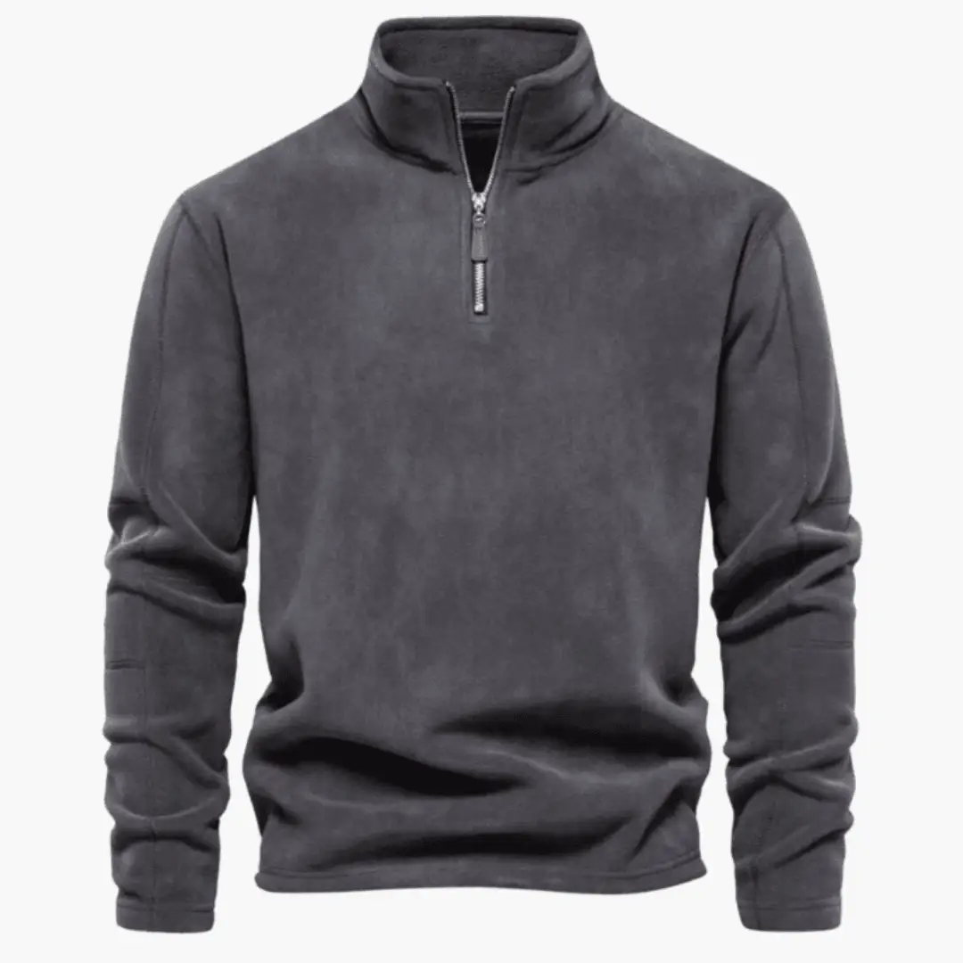 Men’s fleece pullover with half-zip neck by Wilfred Smith in charcoal gray