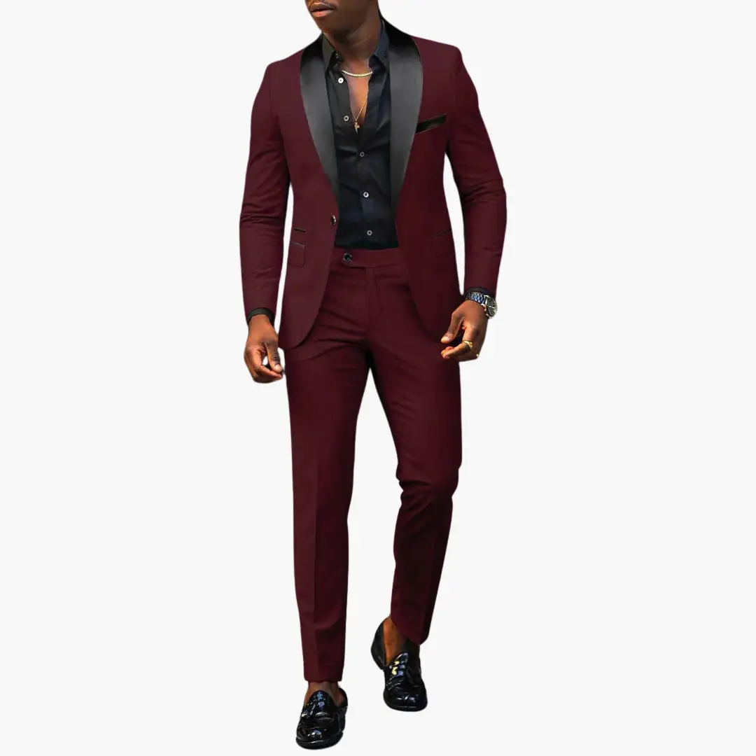 Elegant Men's Wedding Suit by Wilfred Smith, burgundy two-piece with black satin lapels