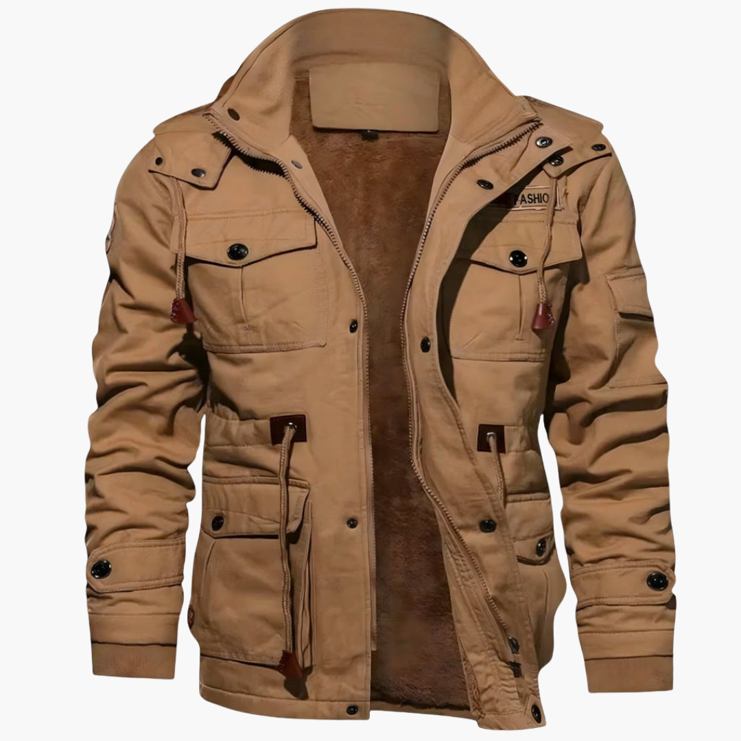 Men's winter jacket by Wilfred Smith with zipper and multiple pockets in tan beige.