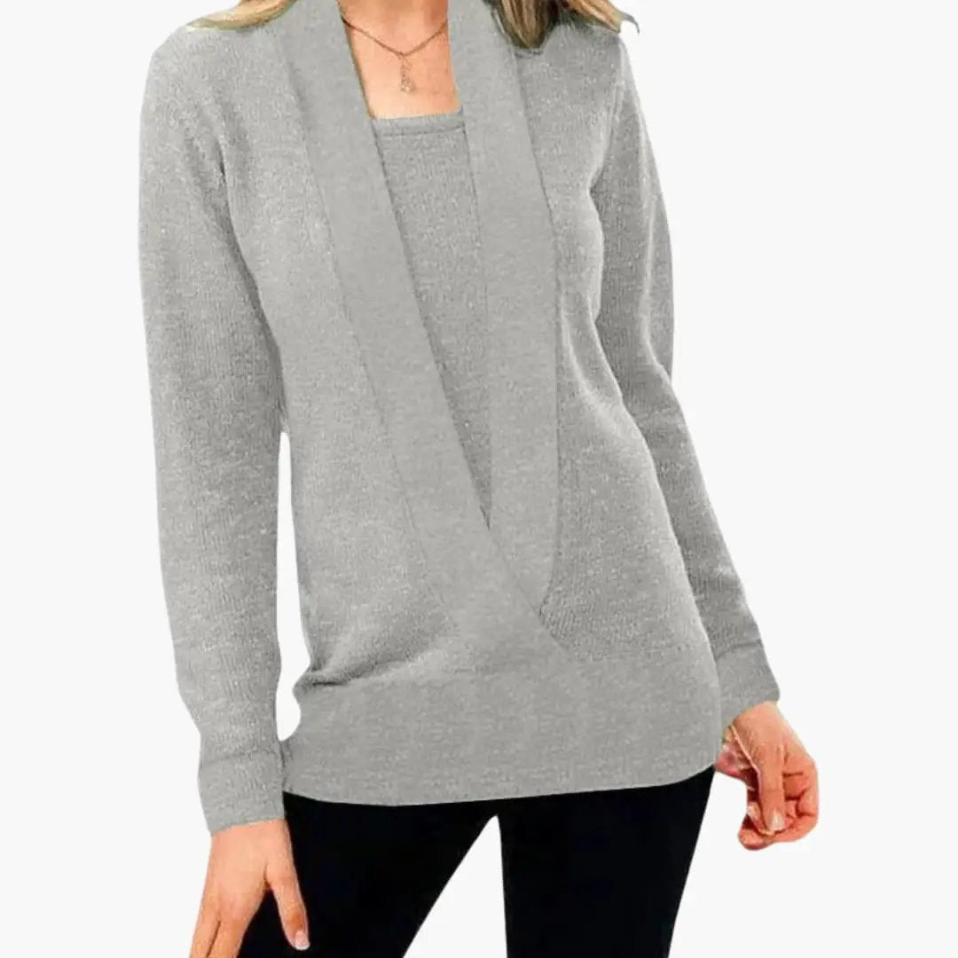 Women's sweater with deep V-neck and long sleeves in gray knit by Wilfred Smith