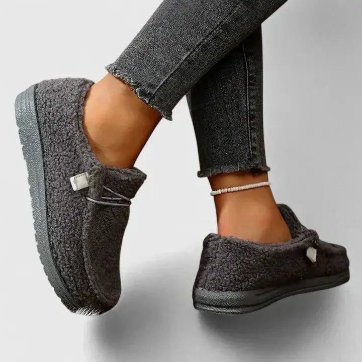 Women's Orthopedic Loafers by Wilfred Smith in charcoal gray plush fleece with cushioned footbed.