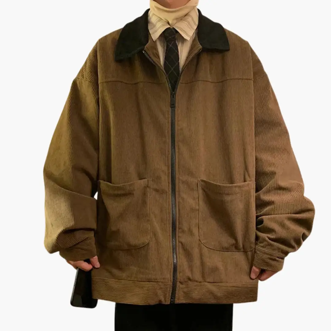 Corduroy bomber jacket for men by Wilfred Smith with zip front and two large front pockets in brown