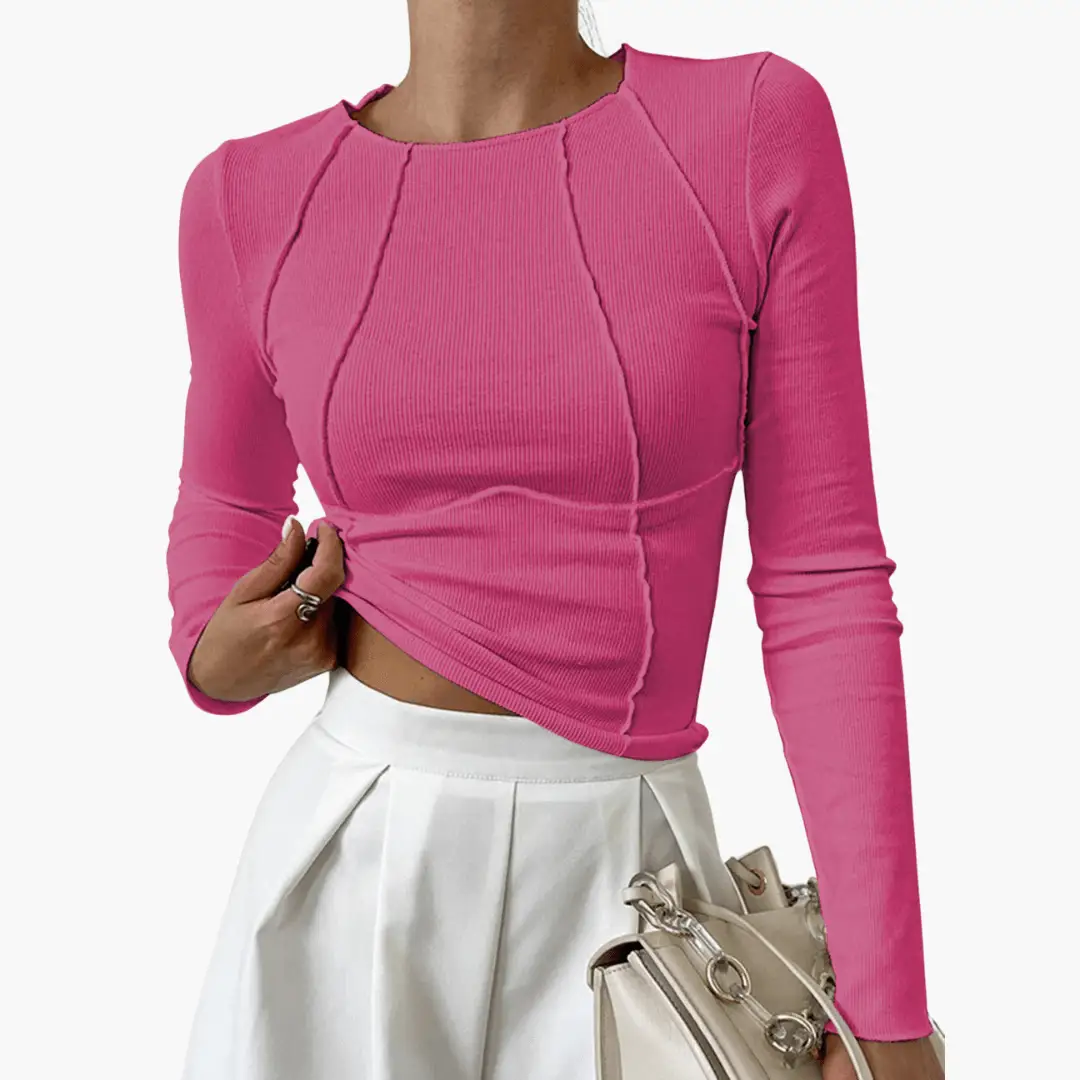 Women's pink ribbed long-sleeve top, figure-hugging fit