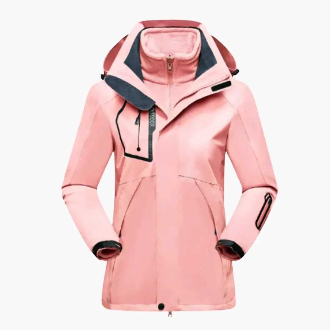 Women's ski jacket pink with removable lining, zipper closure, and high collar; Wilfred Smith sport jacket.
