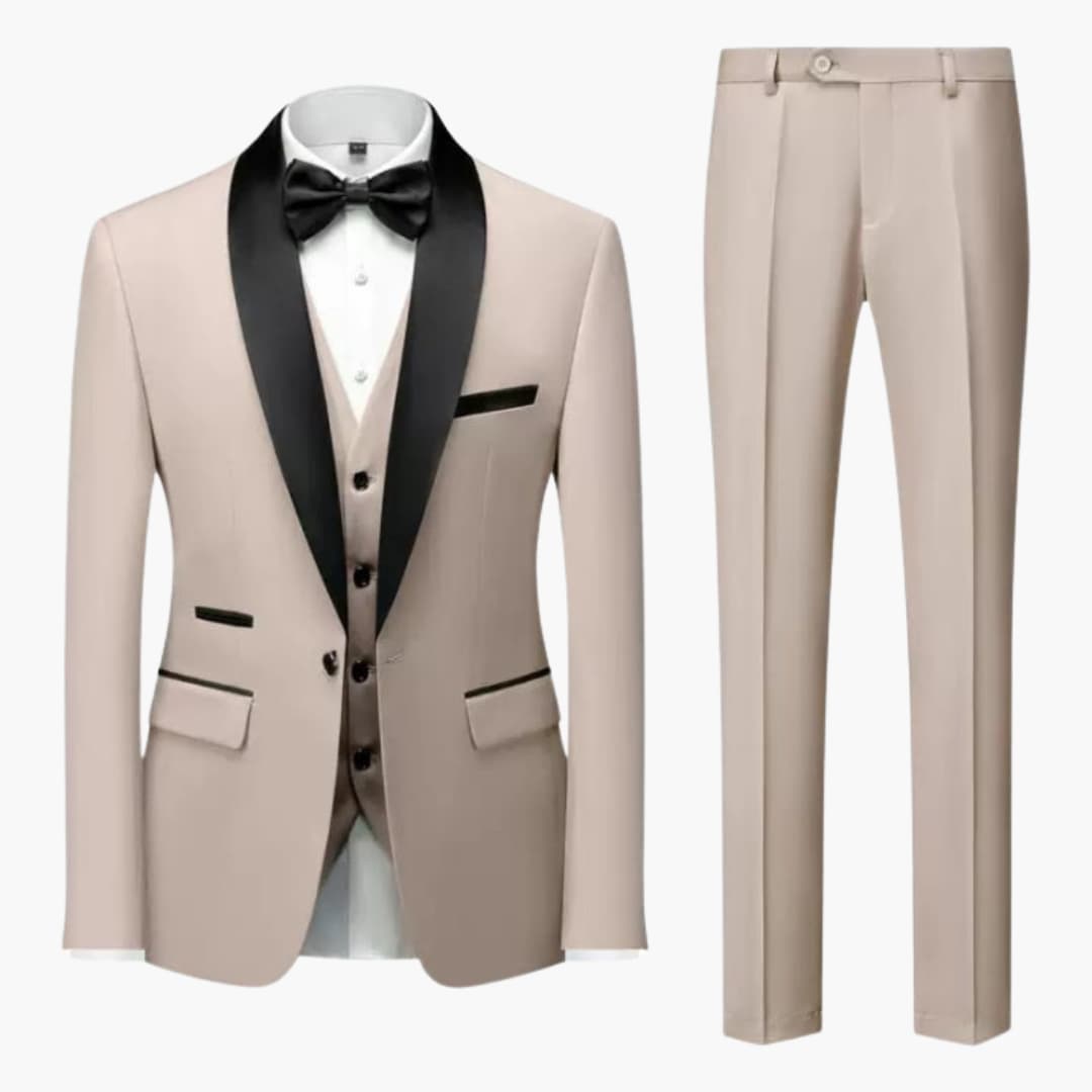 Men's beige three-piece suit set with black satin shawl lapel, white shirt, and bow tie.