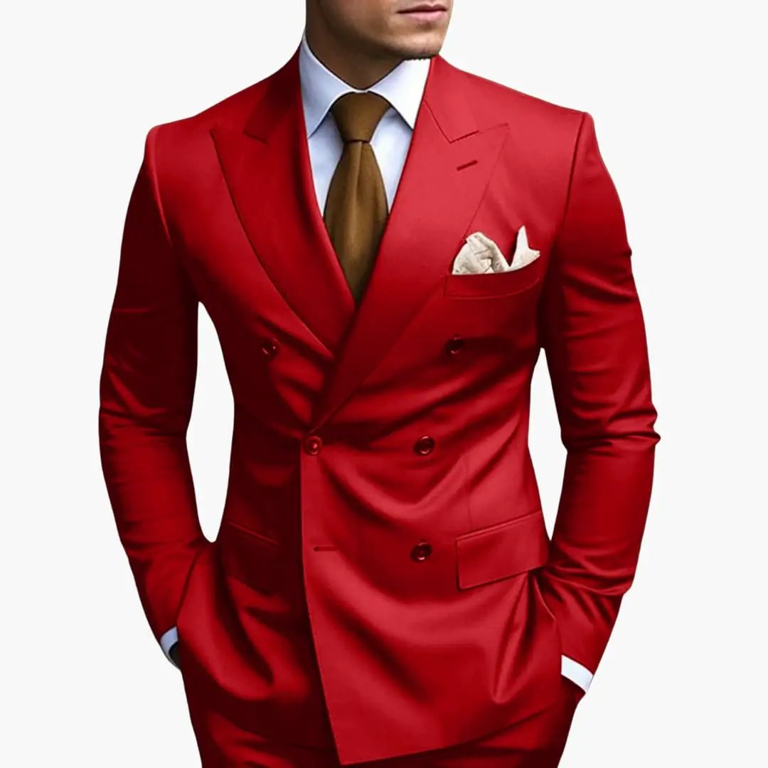 Men's red double-breasted suit by Wilfred Smith with notched lapels and pocket square