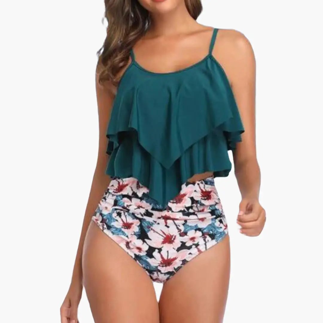 Two-Piece women's tankini with teal ruffled top and floral high-waisted bottom