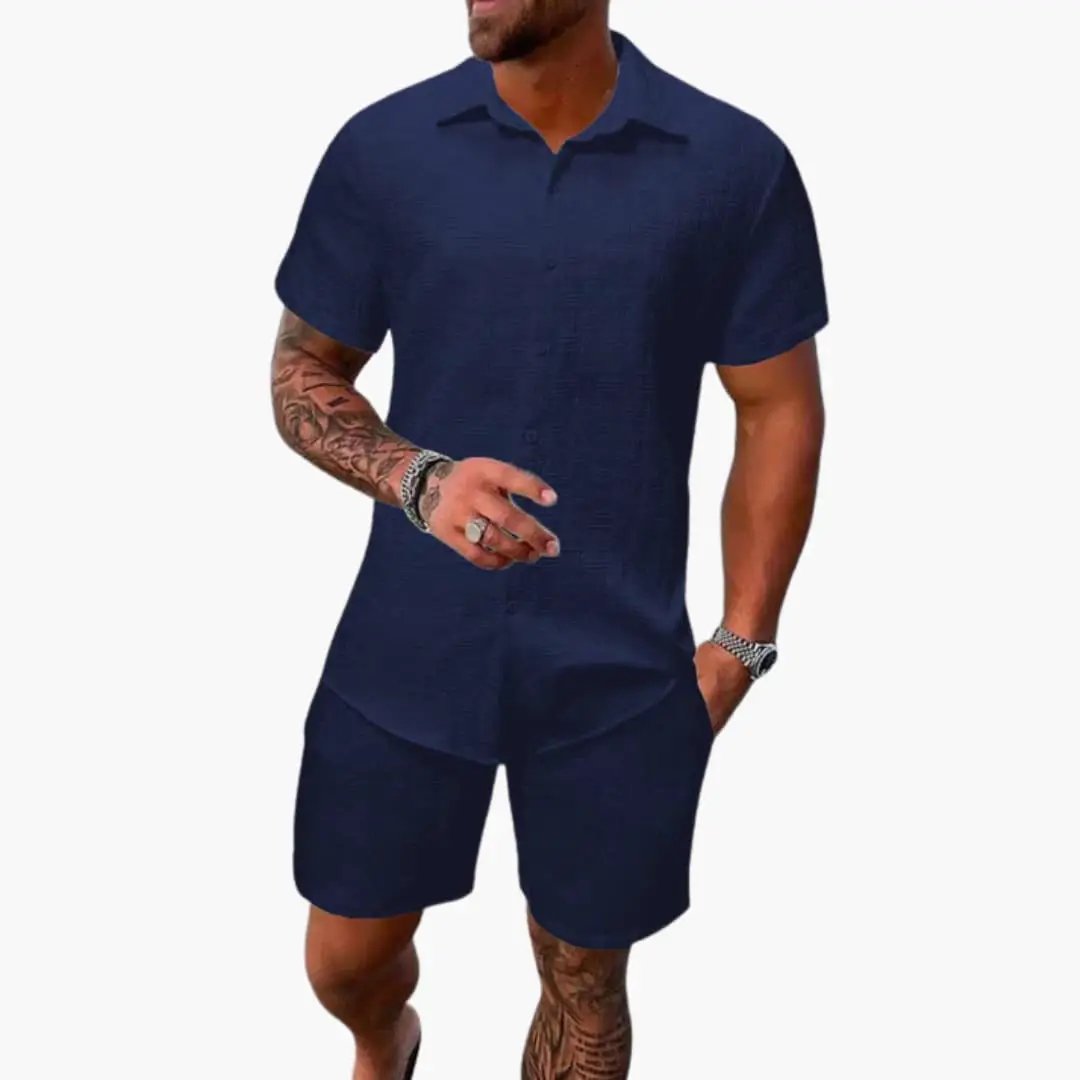 Men's navy cotton-blend two-piece set with jacquard texture; short-sleeve collared shirt and matching shorts