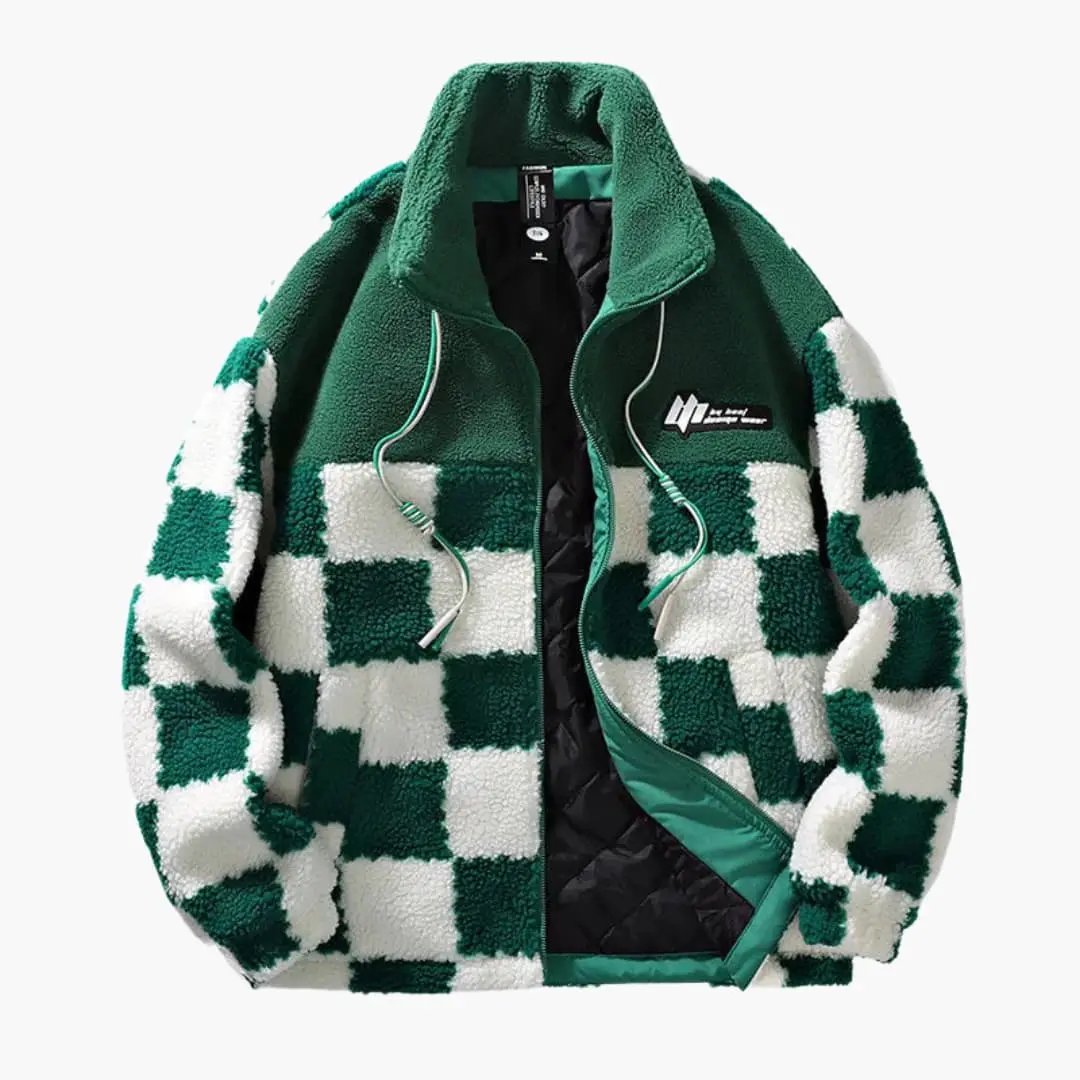 Men's checkered fleece jacket with zipper in green and white, Wilfred Smith logo.