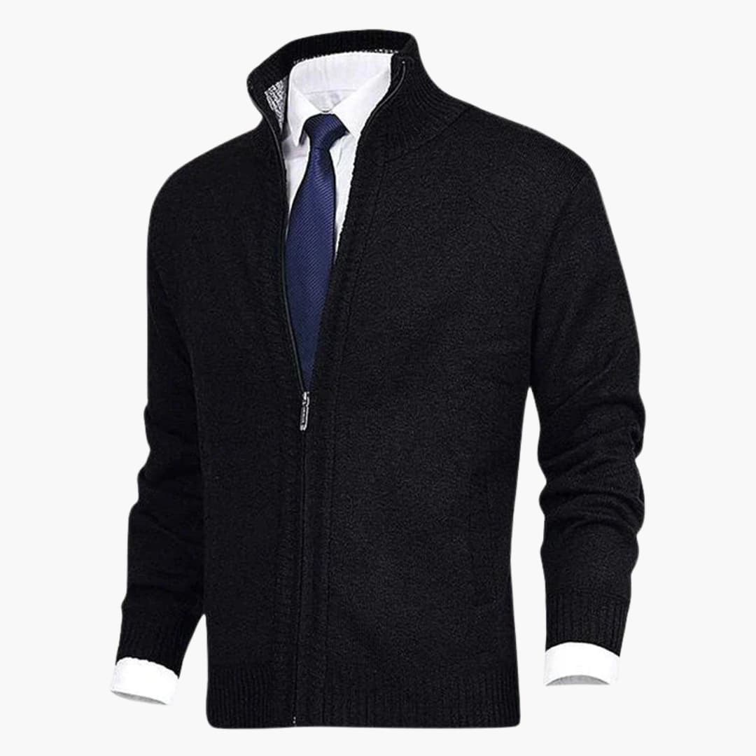 Men's black zip cardigan with stand-up collar and ribbed cuffs