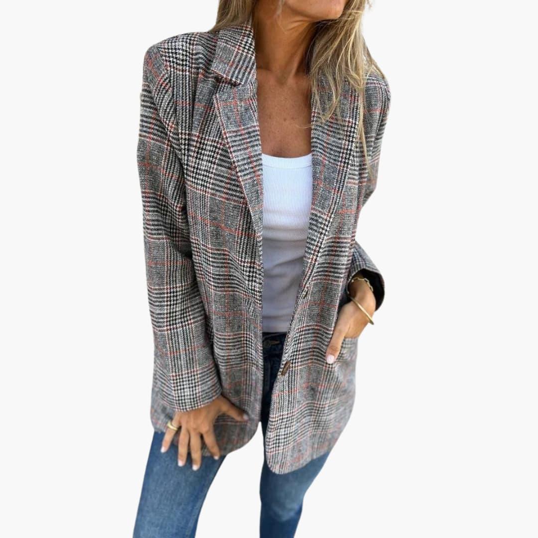 Women's checked blazer in gray plaid with subtle red accents, tailored slim fit.