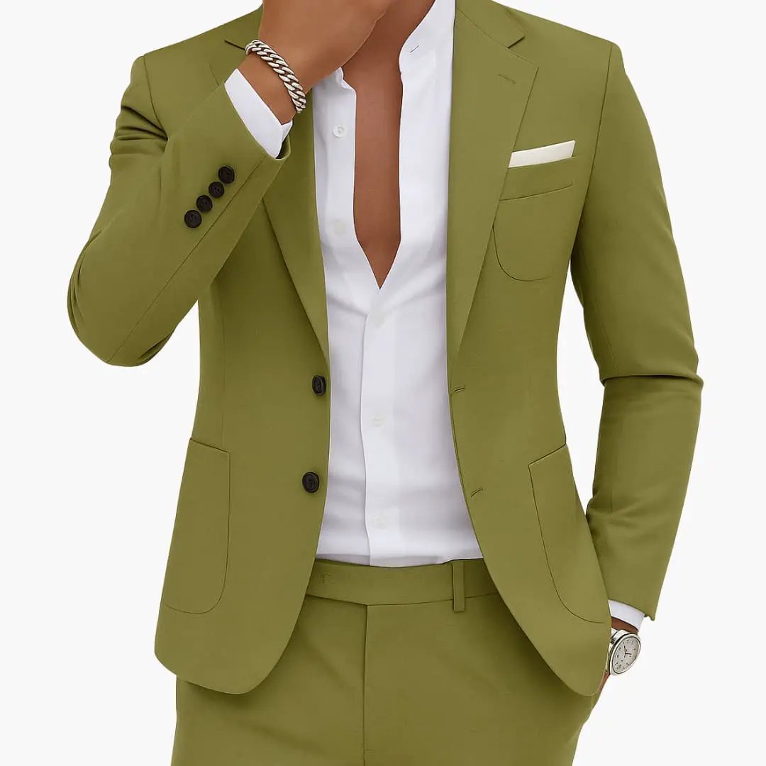 Men’s olive blazer and pants suit set with white shirt, pocket square, and silver wristwatch.