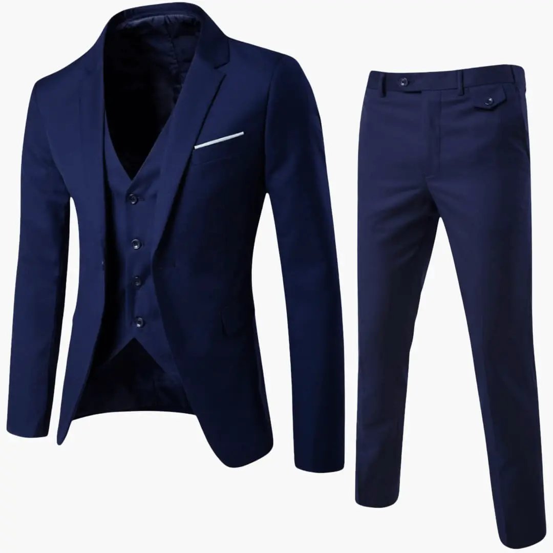 Men’s three-piece wedding suit by Wilfred Smith in navy blue with jacket, vest and pants