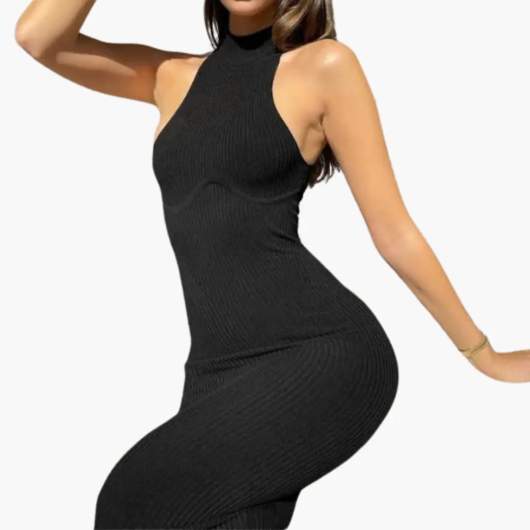 Maxi dress black ribbed knit backless for women, beachwear style