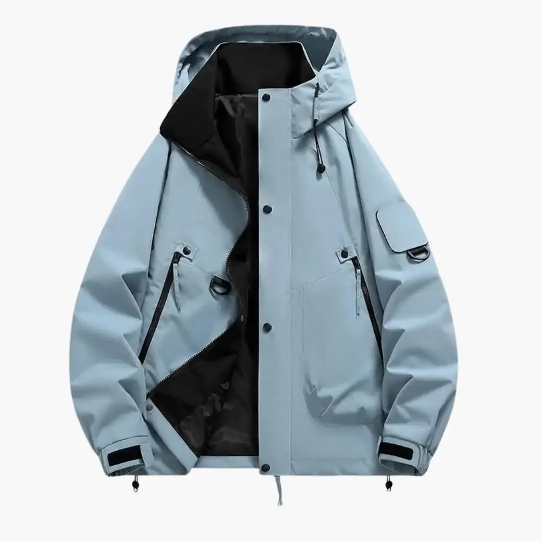 Unisex hooded parka jacket by Wilfred Smith in light blue with front zipper and pockets