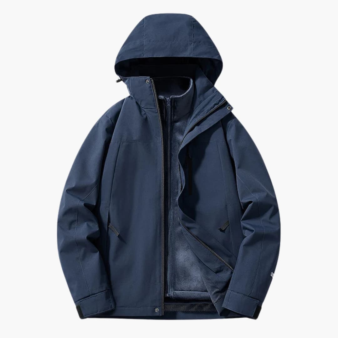 Wilfred Smith unisex ski jacket with hood in navy, front zip pockets