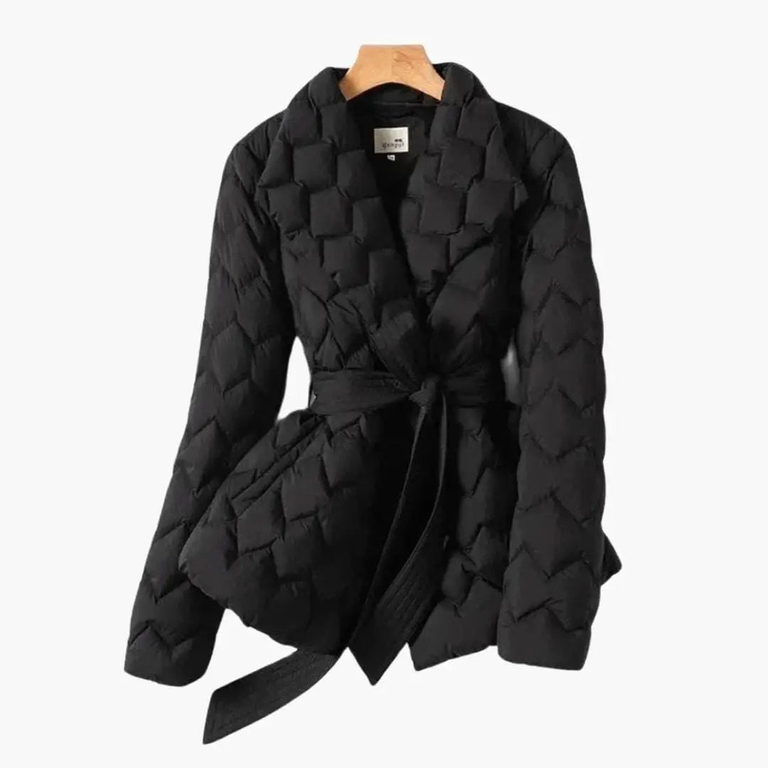 Women's black quilted down coat with belt and long sleeves.