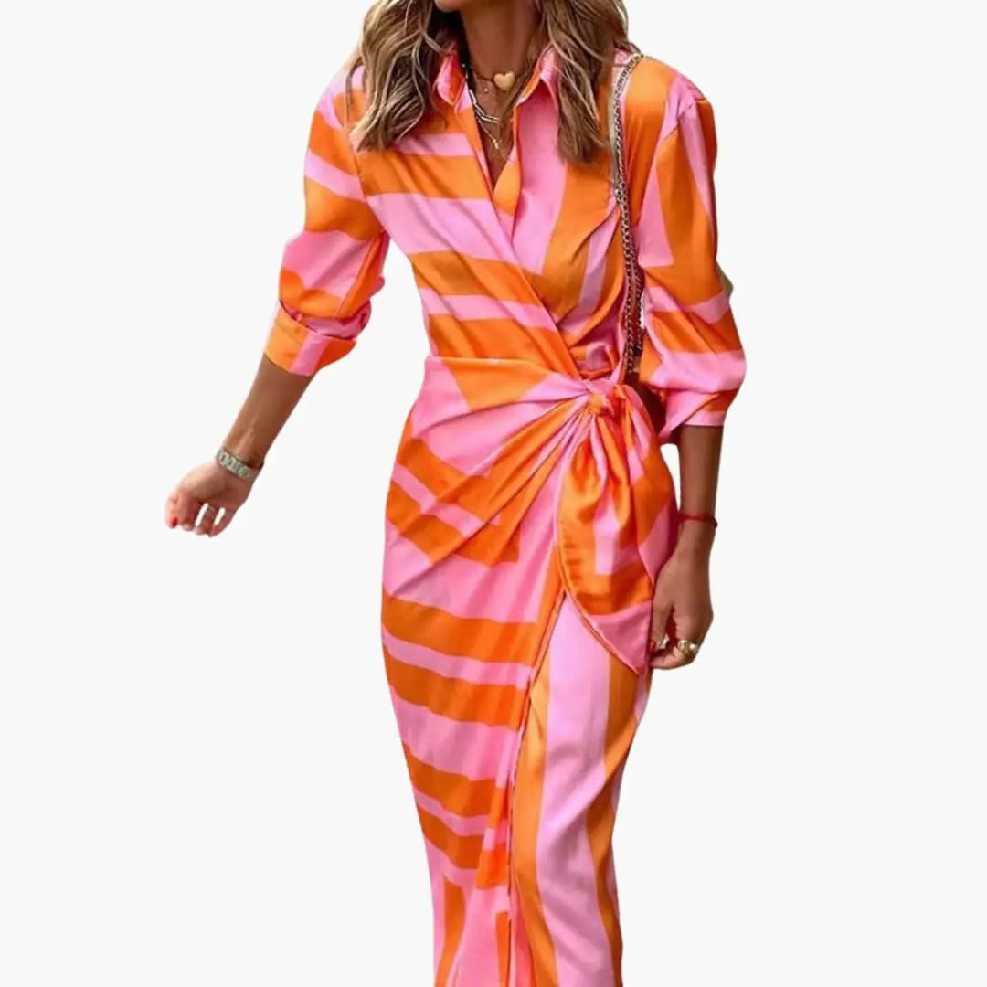 Striped cotton shirt dress, women's maxi by Wilfred Smith, orange and pink wrap with tie waist.