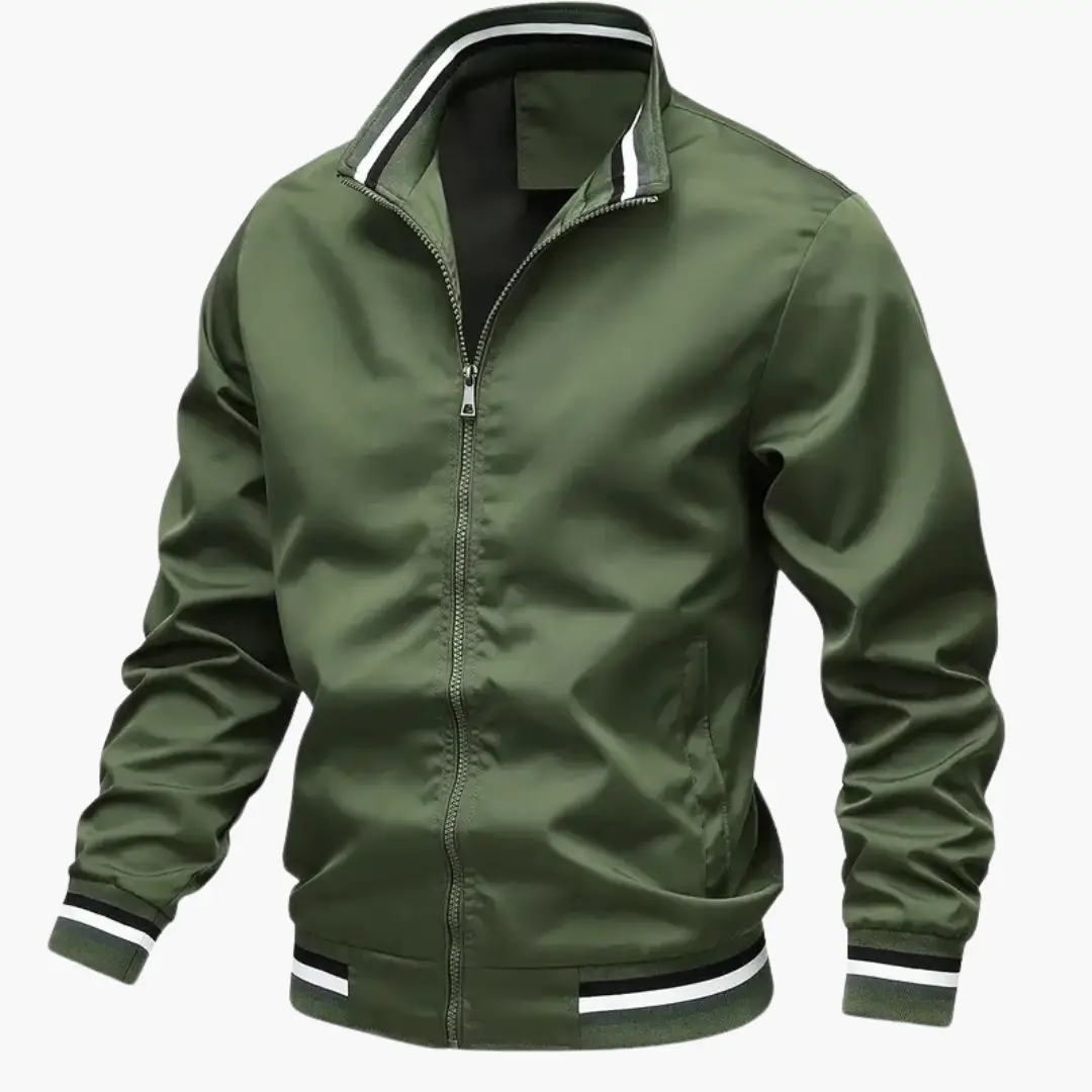 Olive green men's bomber jacket with ribbed cuffs, striped hem, and front zipper.