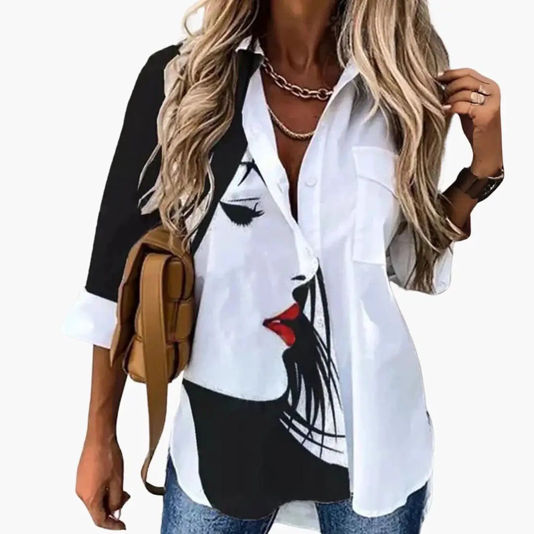 Blouse by Wilfred Smith: white fabric with bold black face graphic and red lips; oversized fit.