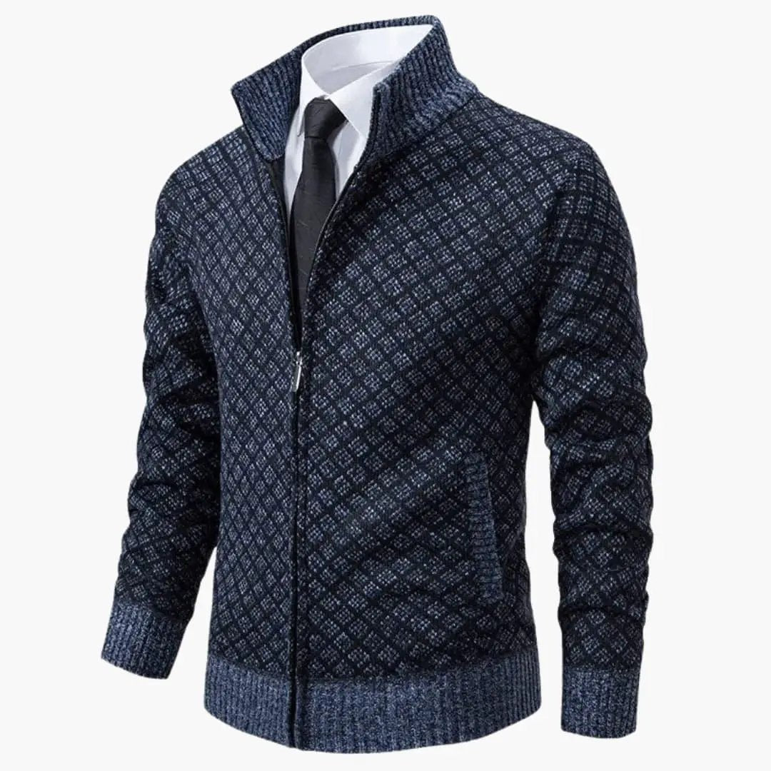 Men’s sport jacket by Wilfred Smith, navy quilted fabric with lapel collar and front zip closure