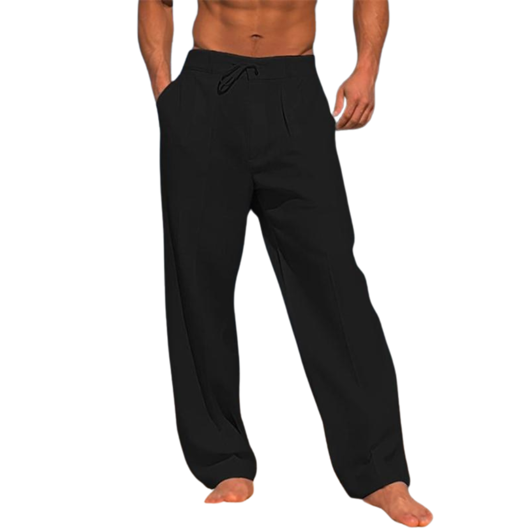 Men's black casual pants with drawstring waist and side pockets, relaxed fit.