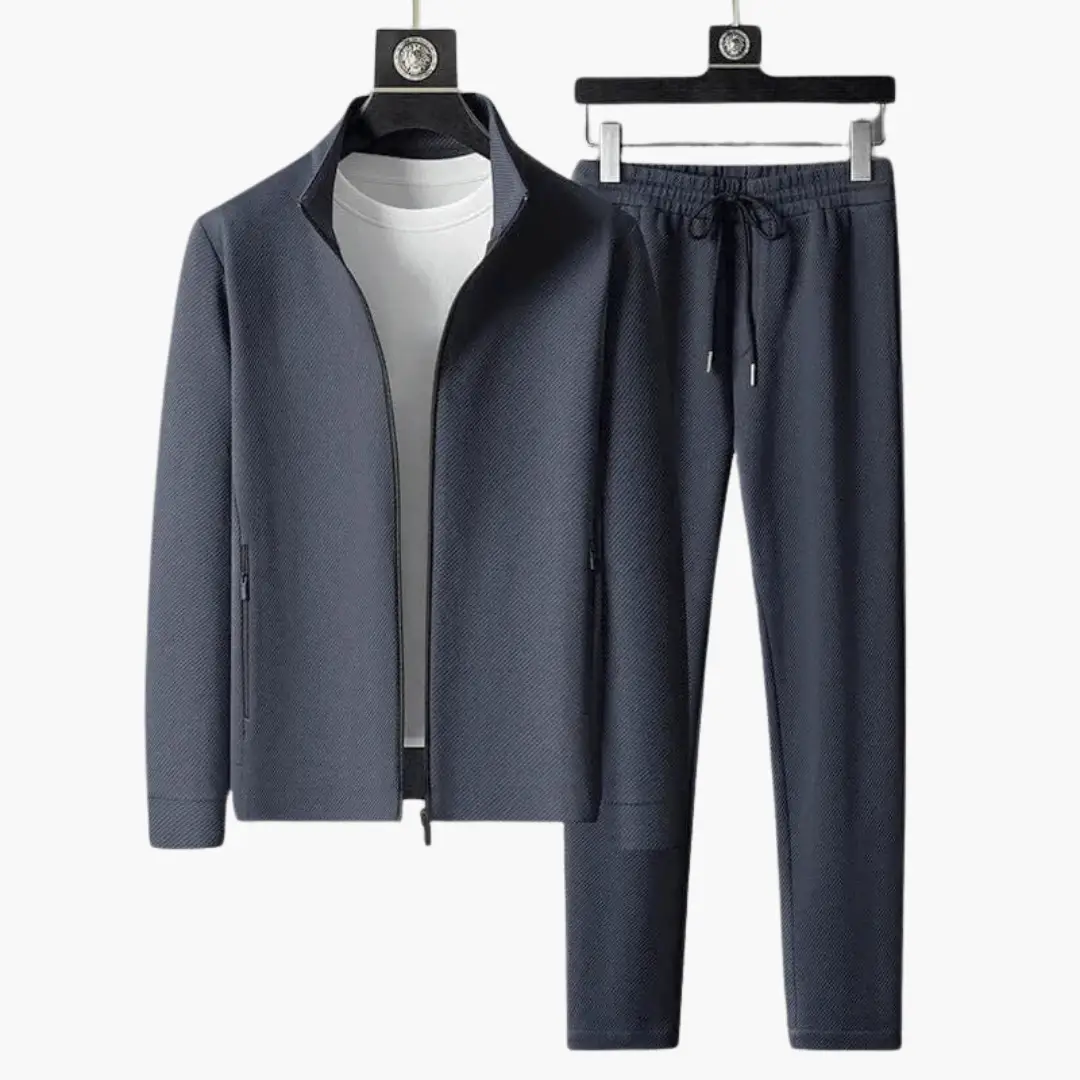 Wilfred Smith men’s wedding suit set, navy blue 2-piece with zip-front jacket and drawstring pants