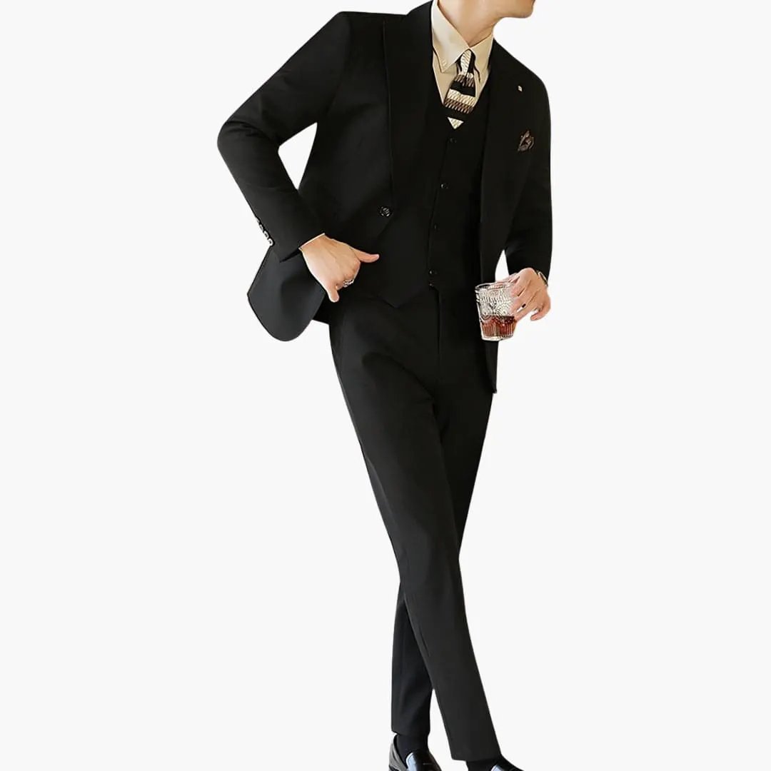 Men's black three-piece Wilfred Smith suit with vest, slim-fit, formal classic look