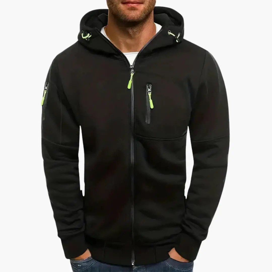 Men’s black hooded track jacket with neon lime zippers and zip pockets