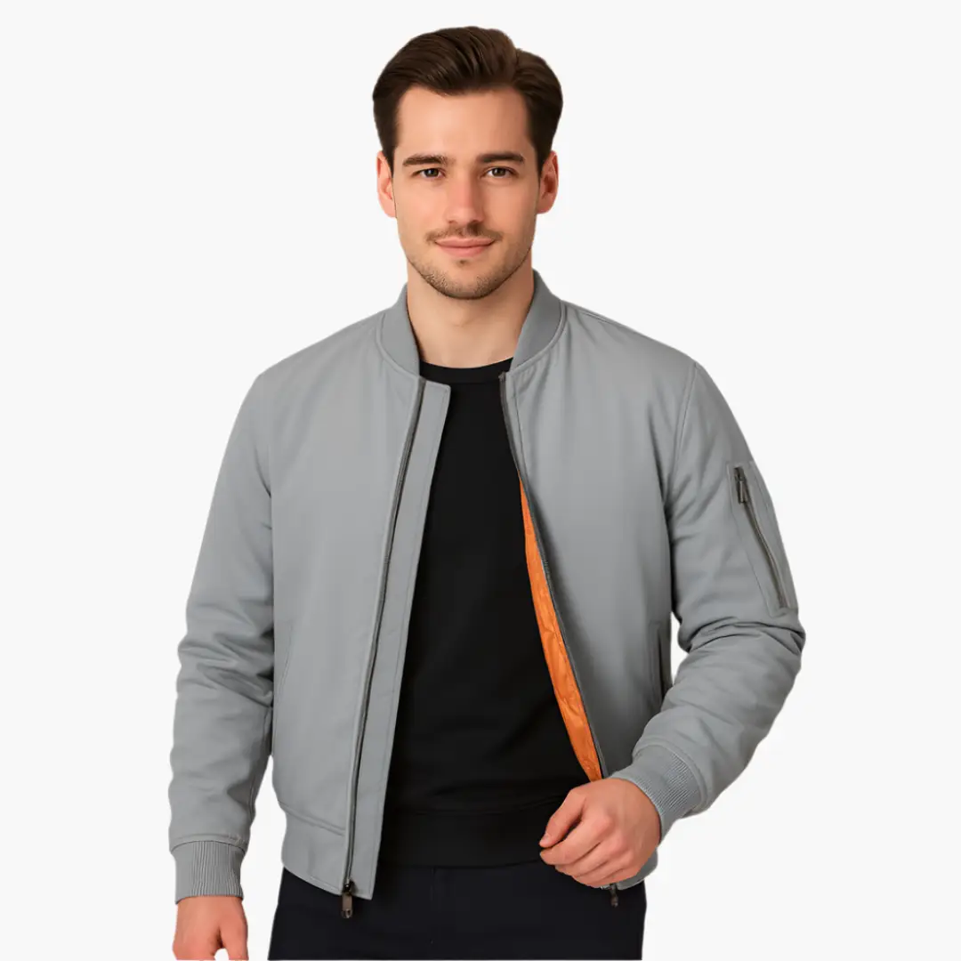 Men's bomber jacket with zipper, light gray, orange interior lining, ribbed cuffs