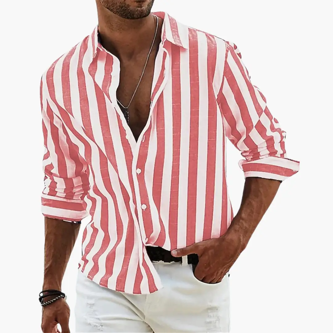 Striped linen shirt for men by Wilfred Smith, lightweight red and white casual shirt with button placket