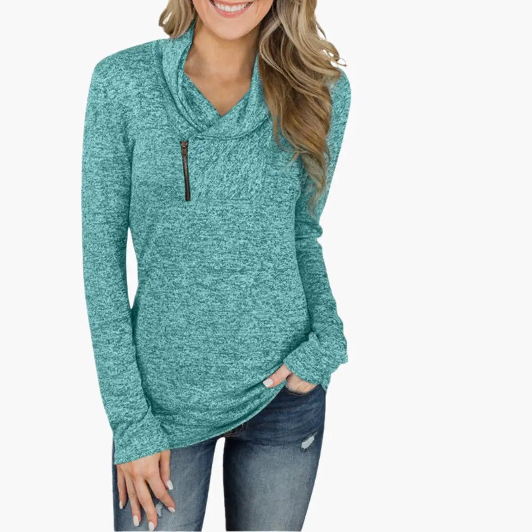 Women's sweater with collar and zipper, teal heather knit with zip chest pocket, Wilfred Smith pullover