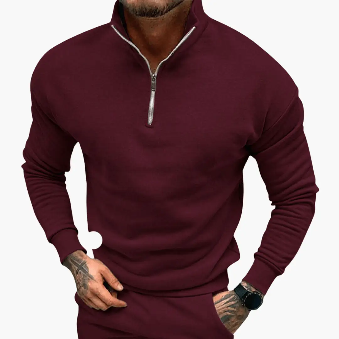 Men's burgundy zip-up sweatshirt by Wilfred Smith, casual and comfortable