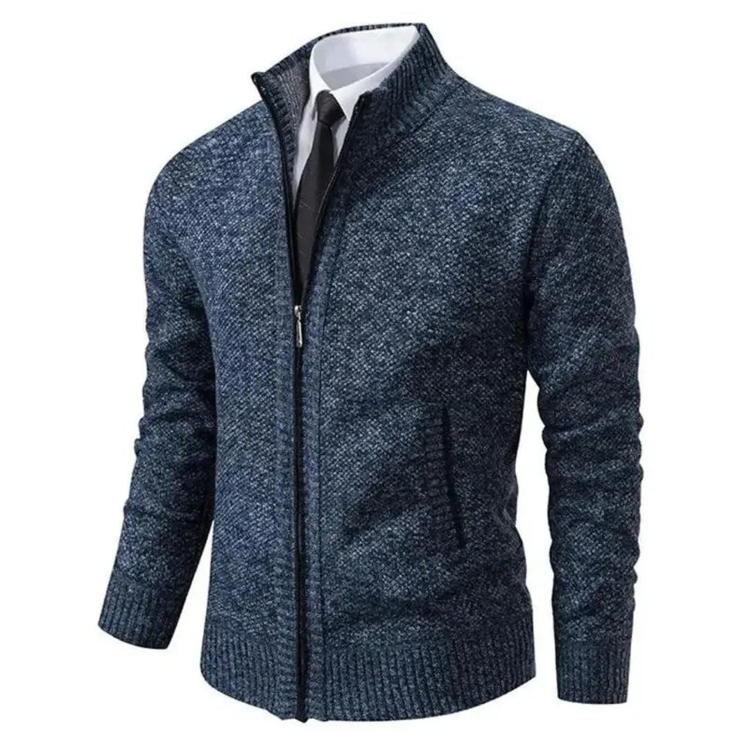 Men’s knit jacket with zipper, navy blue heather knit, ribbed collar and cuffs.