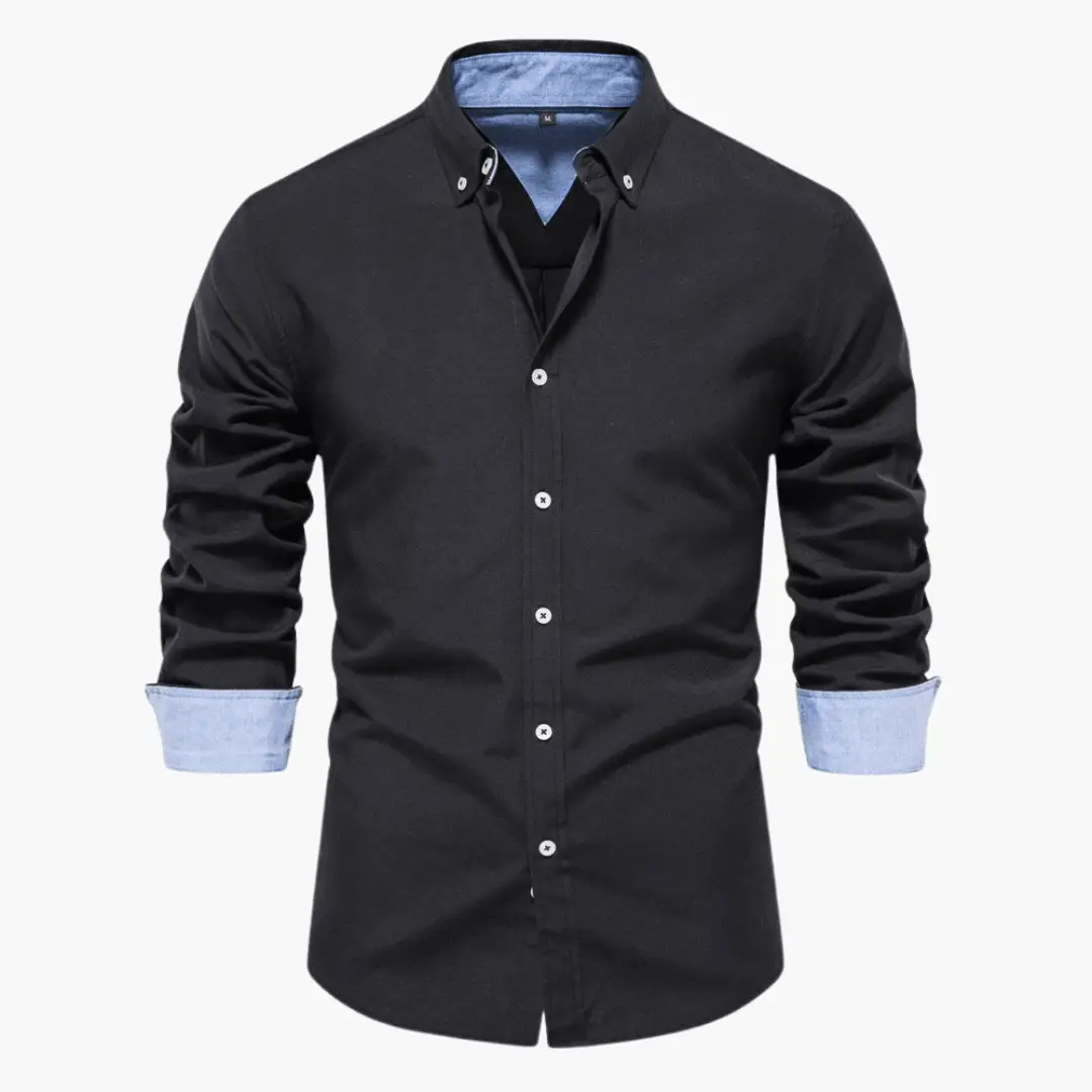 Classic shirt for men in dark navy with light blue cuffs and a button-down collar.