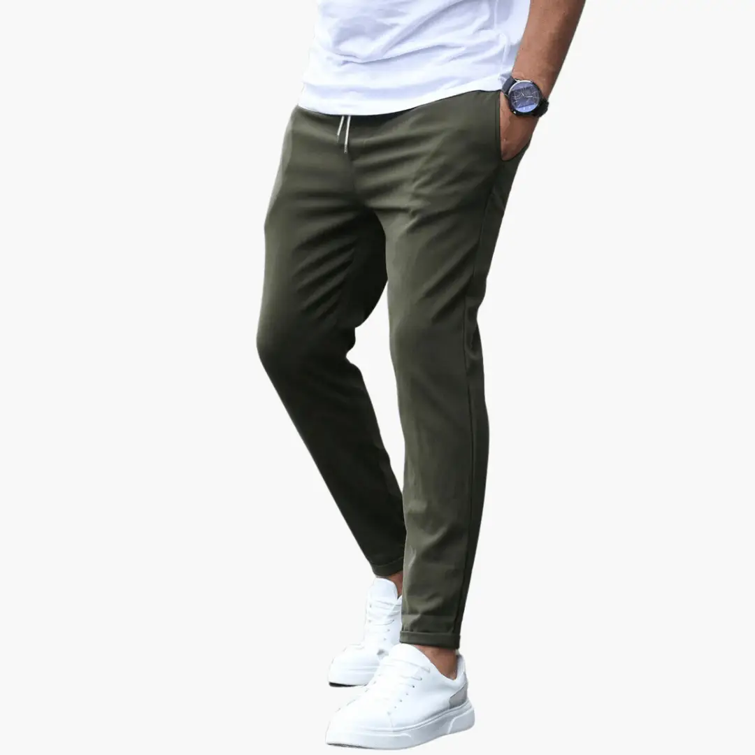 Men's stretch trousers with slim legs and waistband in olive green, Wilfred Smith