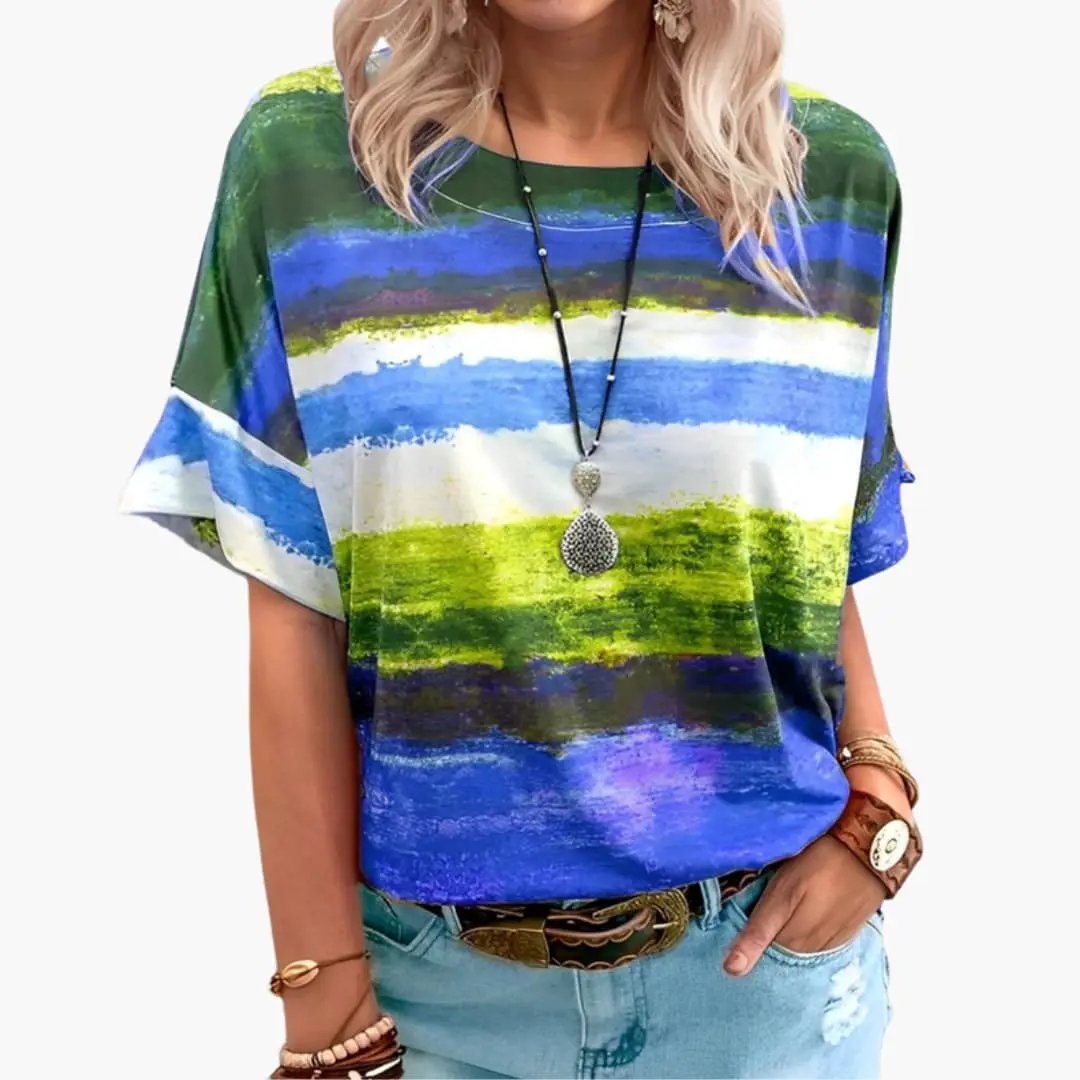 Women's Classic Crew Neck Short Sleeve T-Shirt in vibrant multicolor striped pattern