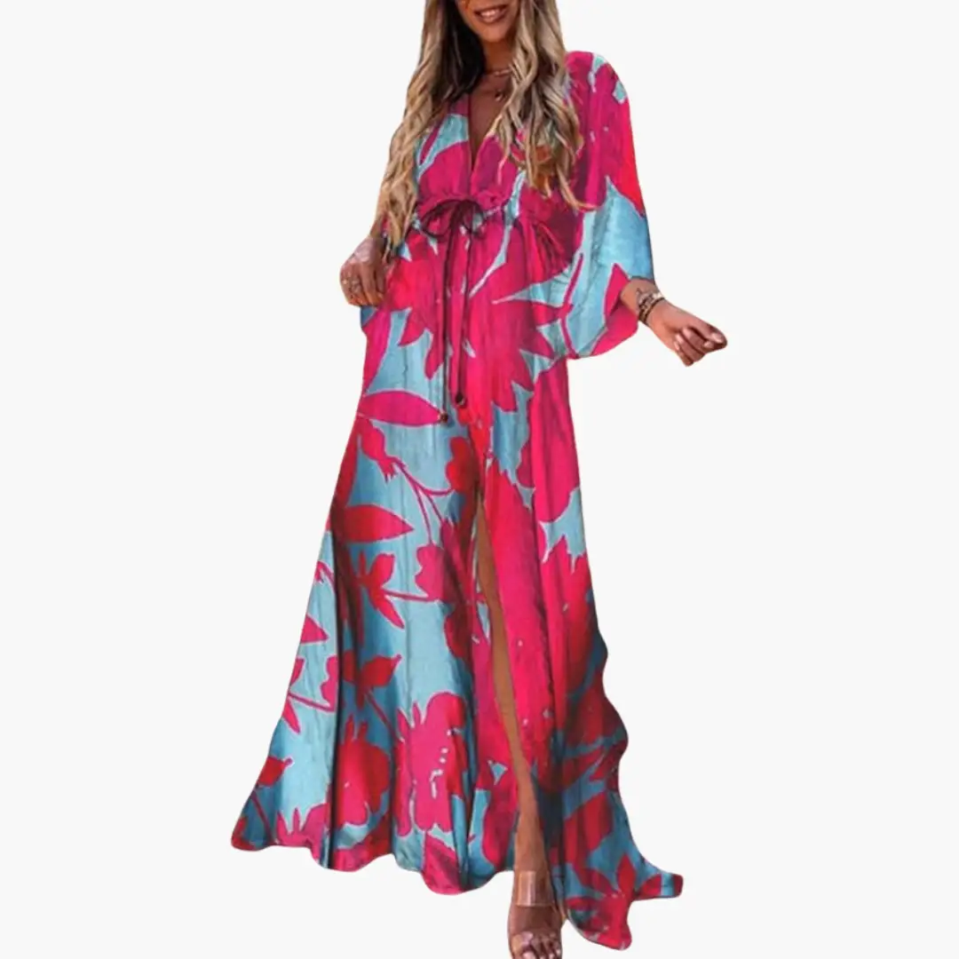 Maxi dress with pink and blue floral print by Wilfred Smith, women's summer dress