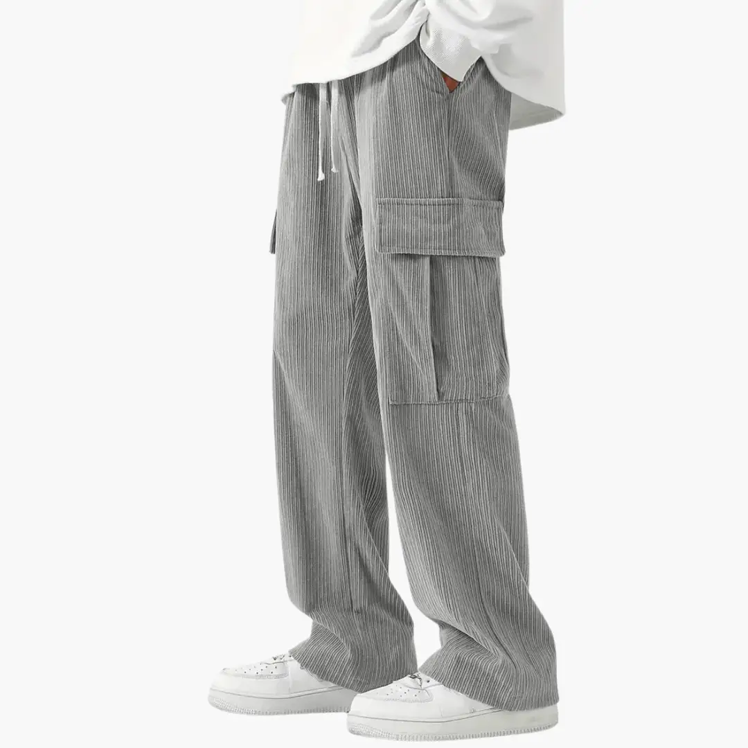 Men's Corduroy Pants with Elastic Waistband and Side Pockets in gray by Wilfred Smith