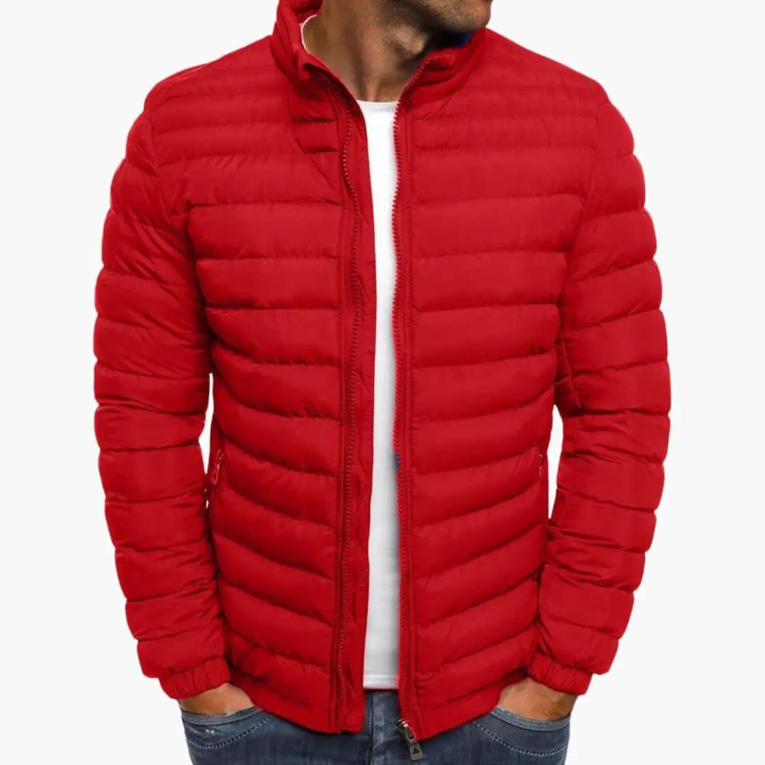 Men’s red hooded puffer jacket with zipper closure, displayed on a model.