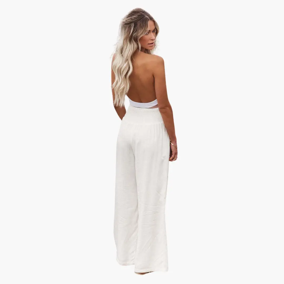 Palazzo trousers for women by Wilfred Smith, white wide-leg lightweight summer pants (back view)