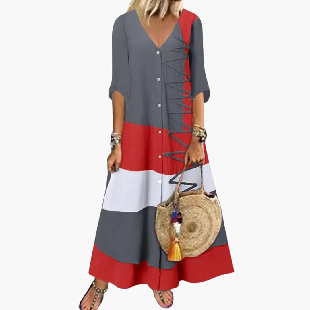 Long knit maxi dress for women in color-block gray, red, white with a V-neck and side lace-up detail; straw handbag