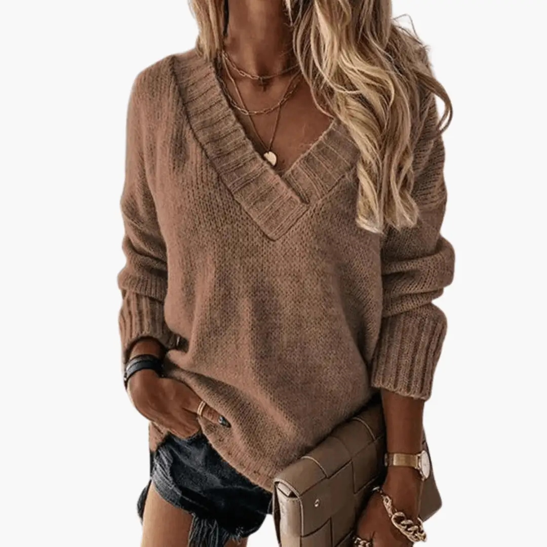 V-Neck knit sweater for women by Wilfred Smith, brown taupe cozy pullover