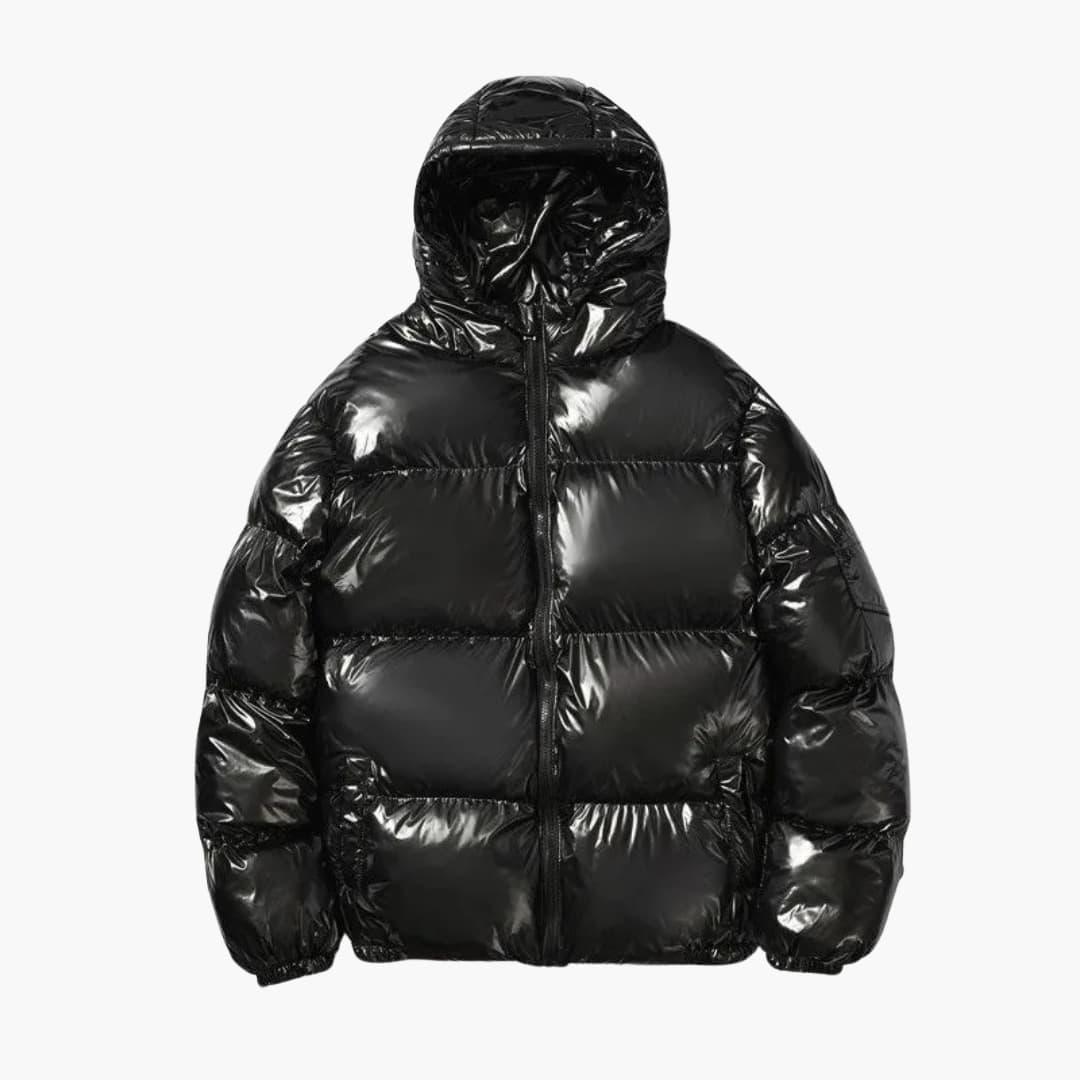 Shiny black puffer jacket with hood by Wilfred Smith.