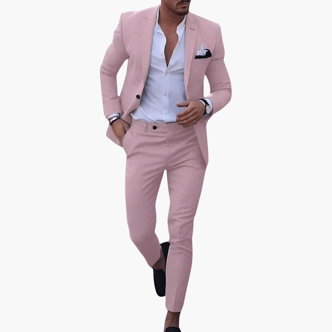 Men's pink summer suit set with jacket and slim trousers.