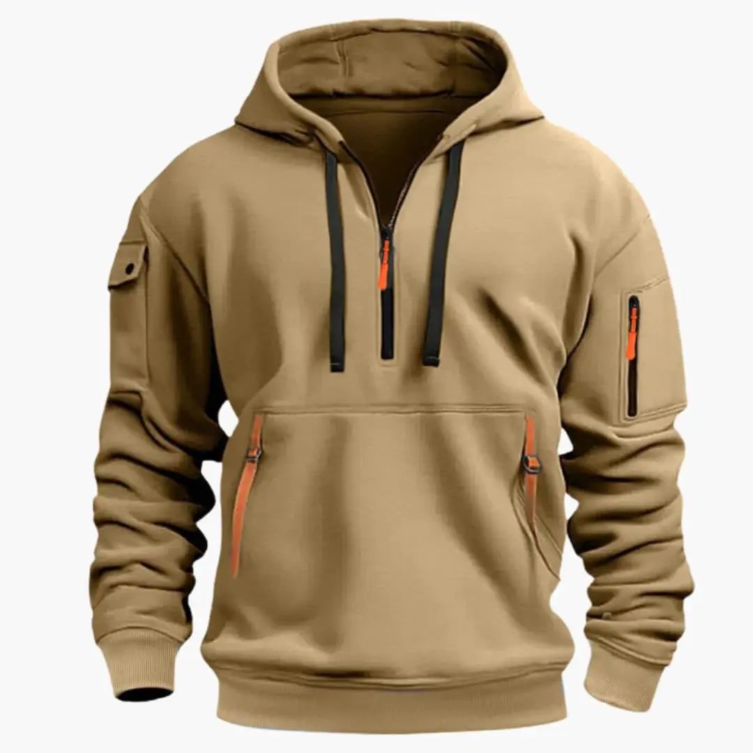 Men’s khaki hoodie with adjustable hood, black drawstrings, orange zipper pulls on chest and pockets.