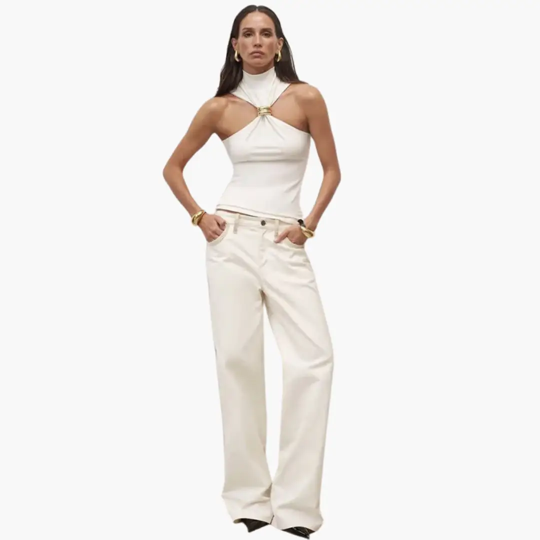 Chic High Neck Halter Top by Wilfred Smith in white with gold accent