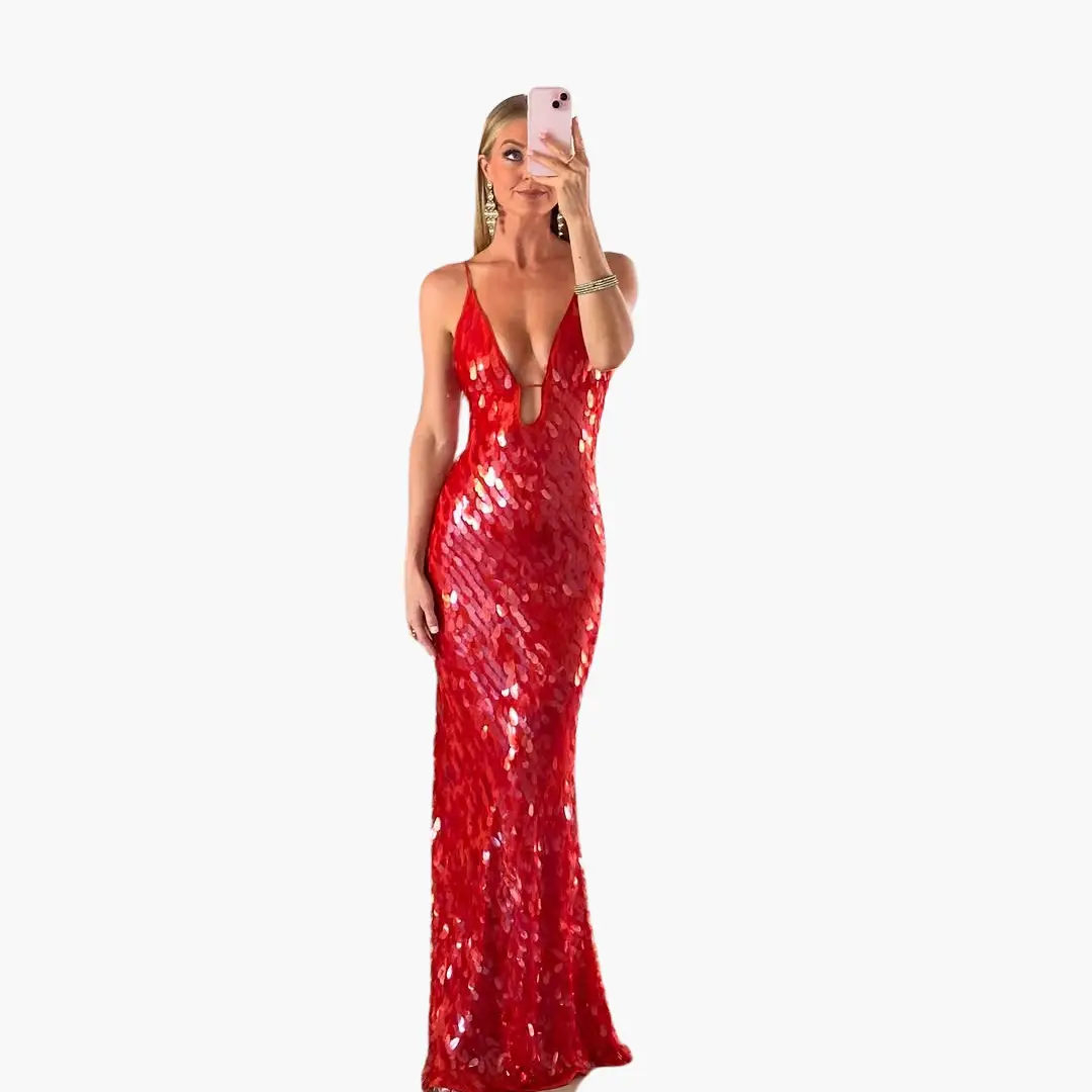 Sequin evening dress, red maxi with plunging V-neck by Wilfred Smith
